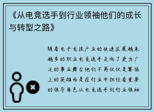 《从电竞选手到行业领袖他们的成长与转型之路》 《从电竞选手到行业领袖他们的成长与转型之路》